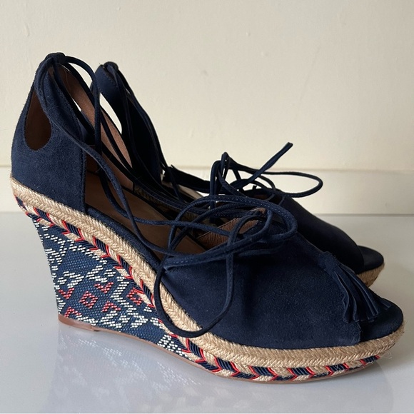 Cabi Shoes Isla Blue Suede Sandals Red Southwest Aztec Espadrille Wedge SZ 9 - Picture 3 of 9
